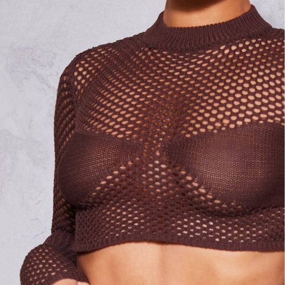 NWT PrettyLittleThing Choclate Crochet Knit Contrast Panel Legging Crop Top S - Picture 8 of 13